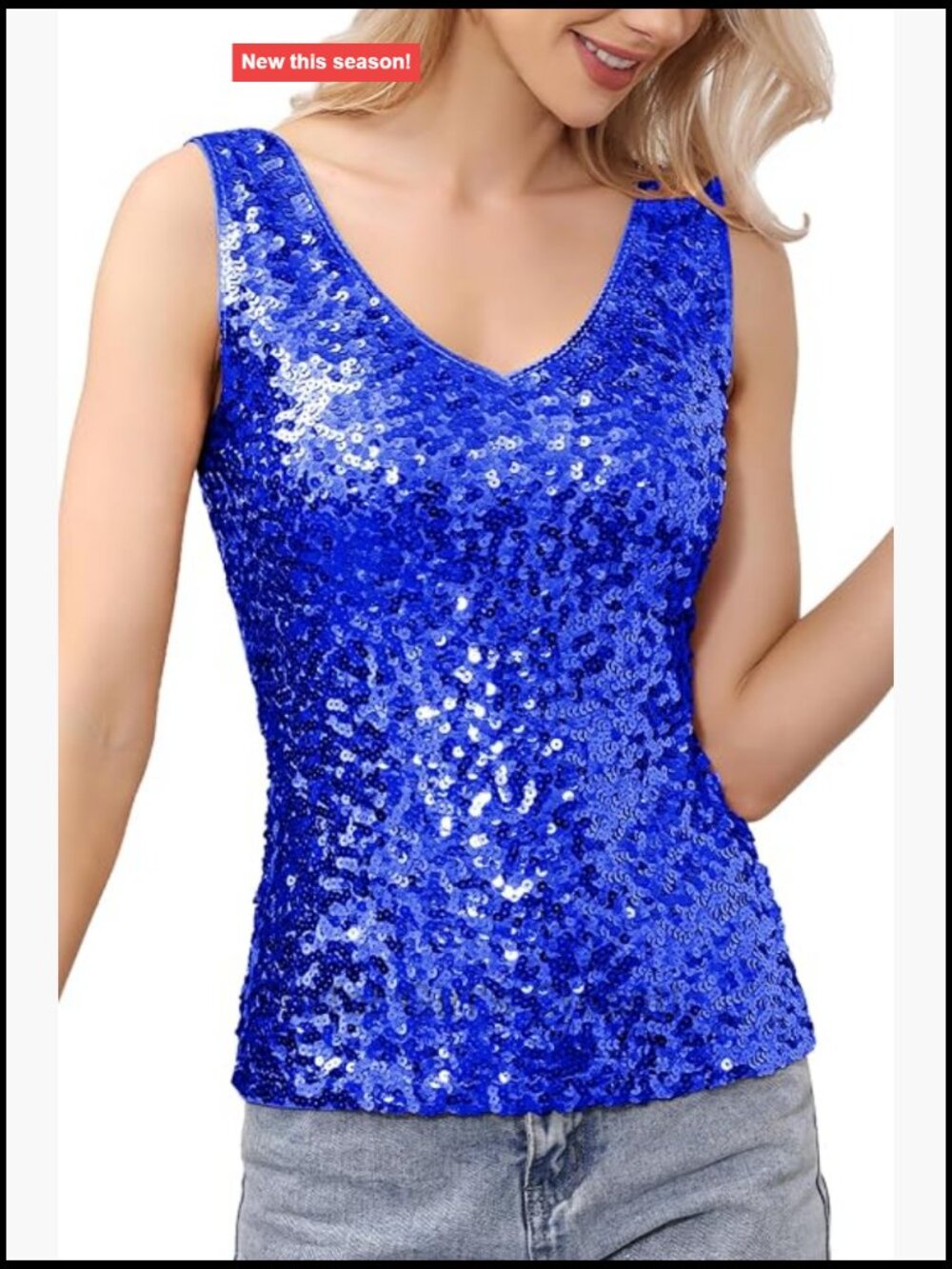 Sequin V-Neck Tank Top Sparkly Party Shimmer Top Sleeveless